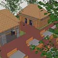 Outdoor Dining Area With Wooden Tables Benches Lamp Post Brick Buildings And Green Trees