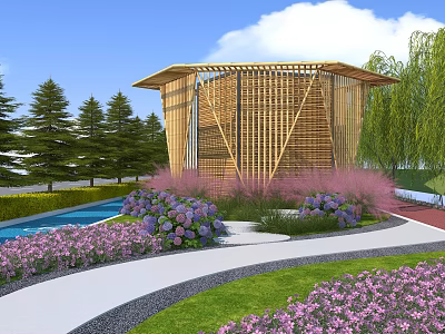Garden Landscape with Modern Wooden Building Pine Willow Trees Purple Pink Flowers and Water Pond 3d model