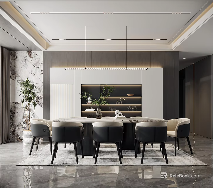 Modern Restaurant Interior With Round Dining Table Grey Beige Chairs Hanging Lights And Green Plants 3d model 