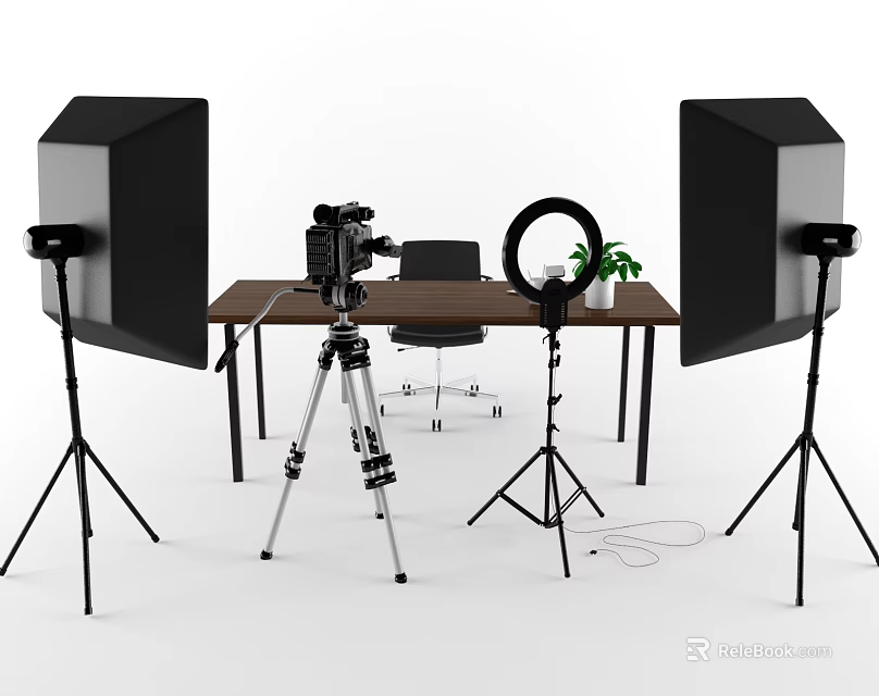 Studio Photography Desk Setup With Camera Tripod Ring Light Softboxes Chair And Plant 3d model