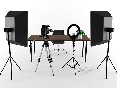 Studio Photography Desk Setup With Camera Tripod Ring Light Softboxes Chair And Plant 3d model