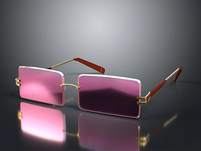 Stylish Square Sunglasses With Pink Lenses Gold Frame And Red Temple Arms 3d model
