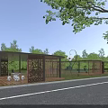 Outdoor Pergola With Intricate Carved Panels Surrounded By Green Trees And Cozy Seating Area