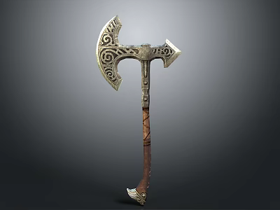 Medieval Battle Axe With Intricate Patterns Symmetrical Decorations And Wooden Wrapped Handle 3d model