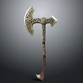 Medieval Battle Axe With Intricate Patterns Symmetrical Decorations And Wooden Wrapped Handle