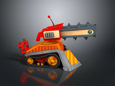 Colorful Utility Vehicle With Red Orange Structure Large Saw Blade Mechanical Arm And Wheels 3d model