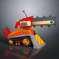 Colorful Utility Vehicle With Red Orange Structure Large Saw Blade Mechanical Arm And Wheels