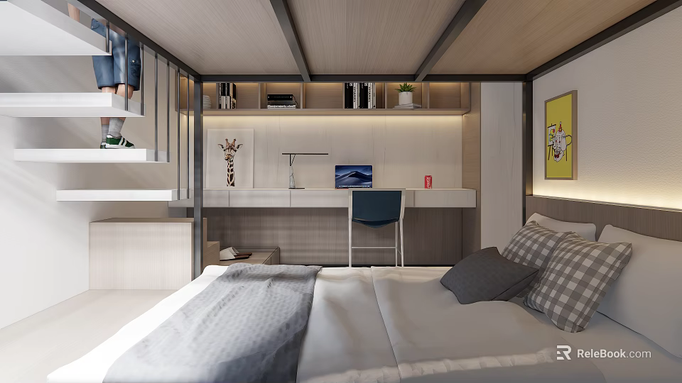 Kids Room Interior Design With Bed Desk Bookshelf Plants And Wall Art 3d model 