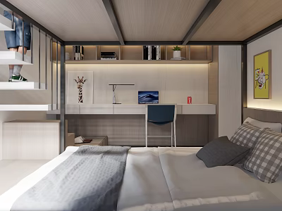Kids Room Interior Design With Bed Desk Bookshelf Plants And Wall Art 3d model