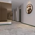 Elegant Modern Hotel Corridor Interior With Circular Decorative Paintings Leaf Pattern Carpet And Wall Mirrors 3d model