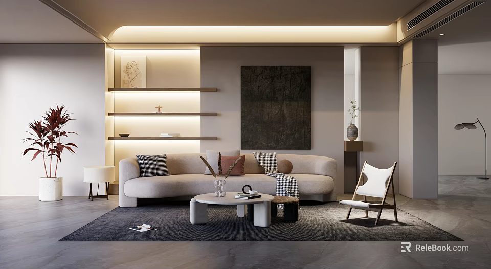 Modern Minimalist Living Room Interior Sofa Coffee Table Set With Area Rug And Wall Art 3d model 