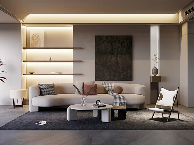 Modern Minimalist Living Room Interior Sofa Coffee Table Set With Area Rug And Wall Art 3d model