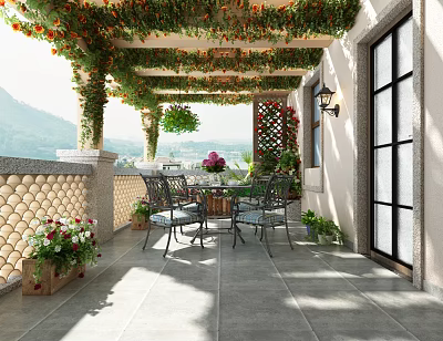 Villa Balcony With Vines Covered Pergola Potted Flowers Outdoor Table Chairs And Mountain View 3d model