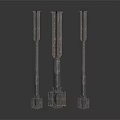 Three Metallic Industrial Mechanical Components With Intricate Textures And Long Structures