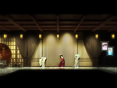 Cultural Center Stage Performance With People In Traditional Costumes Wooden Beams Lanterns And Decorative Paintings 3d model