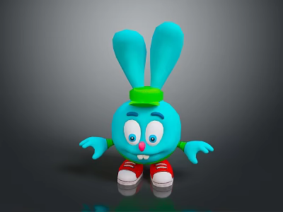 Cute Cartoon Blue Rabbit Wearing Green Hat And Red Shoes 3d model