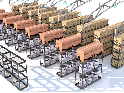 Industrial Storage Shelves Stacked With Cardboard Boxes And Metal Cans In Warehouse 3d model