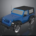 Blue Jeep Style Toy Off Road Vehicle With Black Roof Shiny Wheels And Reflection