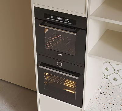 Modern Kitchen Built In Double Ovens With White Cabinetry And Black Glass Doors 3d model