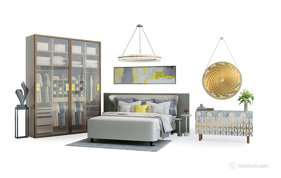 Modern Bedroom Interior Design With Double Bed Wardrobe Chandelier Decorative Painting And Nightstand 3d model 