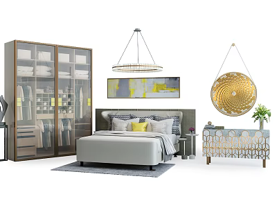 Modern Bedroom Interior Design With Double Bed Wardrobe Chandelier Decorative Painting And Nightstand 3d model