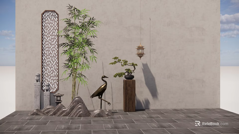 Traditional Indoor Landscape With Bamboo Crane Statue Hanging Lantern Rockery And Decorative Screen 3d model 