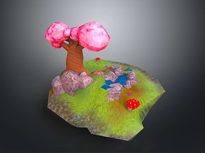 Miniature Garden Scene With Pink Tree Green Grass Rocks Water Pond And Red Mushrooms 3d model