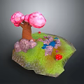 Miniature Garden Scene With Pink Tree Green Grass Rocks Water Pond And Red Mushrooms