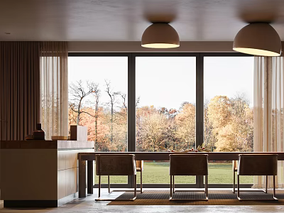 Modern Restaurant Interior With Large Windows Autumn Tree View Dining Table And Pendant Lights 3d model