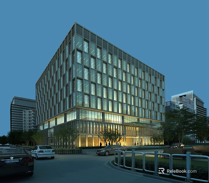 Modern Office Building With Glass Curtain Wall And Night Lighting In Urban Area 3d model 