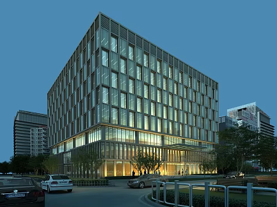 Modern Office Building With Glass Curtain Wall And Night Lighting In Urban Area 3d model
