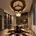 Industrial Style Restaurant Interior With Wooden Decor Pendant Lights And Colorful Chairs