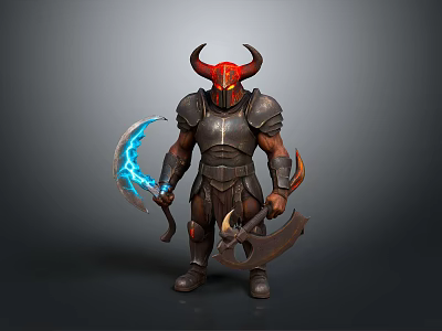 Mythical Demon Warrior With Red Black Horns Metal Armor Blue Glowing Scythe And Axe 3d model