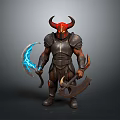 Mythical Demon Warrior With Red Black Horns Metal Armor Blue Glowing Scythe And Axe