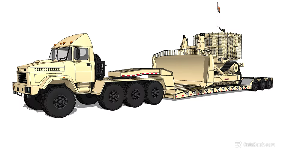 Beige Large Truck With Trailer Carrying Heavy Equipment And Metal Structure 3d model 