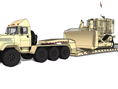 Beige Large Truck With Trailer Carrying Heavy Equipment And Metal Structure 3d model