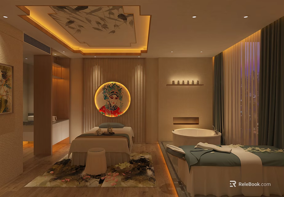 Serene SPA Sauna Interior With Massage Beds Bathtub And Decorative Lighting 3d model 