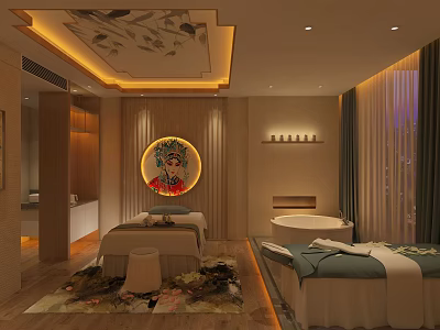 Serene SPA Sauna Interior With Massage Beds Bathtub And Decorative Lighting 3d model