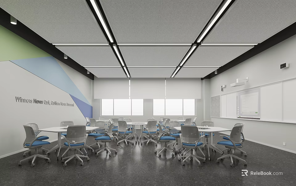 School Modern Classroom With Tables Chairs Large Windows And Whiteboard 3d model 