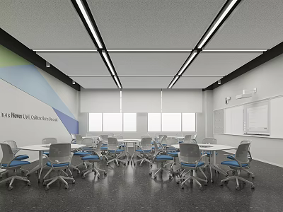 School Modern Classroom With Tables Chairs Large Windows And Whiteboard 3d model