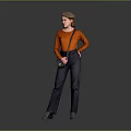 Stylish Woman In Orange Top Dark Pants Beret Hat With Crossbody Bag On Gray Background