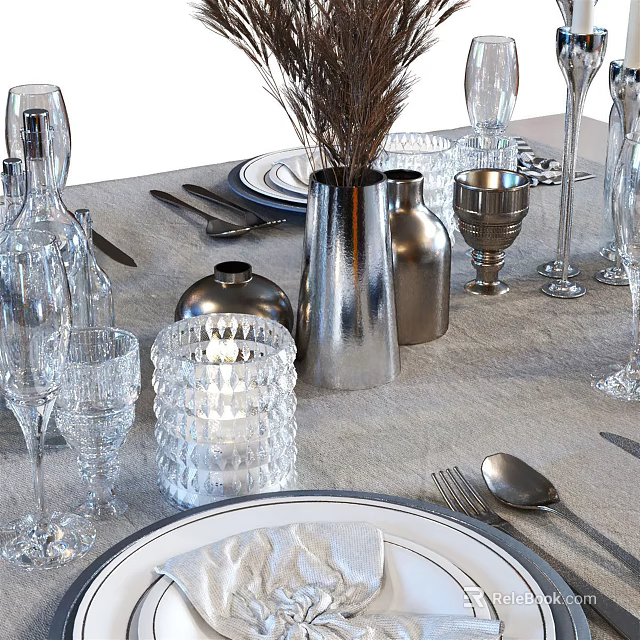 Elegant Modern Tableware Set Including Glassware Metallic Vases Cutlery And Plates 3d model 
