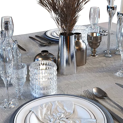 Elegant Modern Tableware Set Including Glassware Metallic Vases Cutlery And Plates 3d model