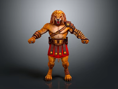 Fantasy Lion Head Warrior Character With Muscular Build Red Skirt And Armor Decorations 3d model