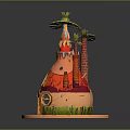 Fairy Tale Scenery Featuring Colorful Small House With Red Roof Green Decorations And Orange Base