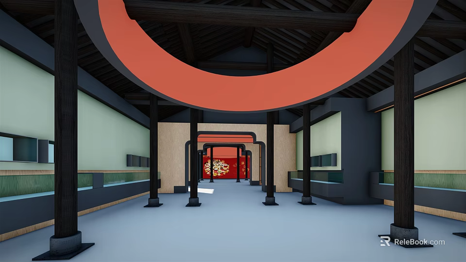 Traditional Chinese Architecture Interior With Red Circular Arch And Wooden Corridor Design 3d model 