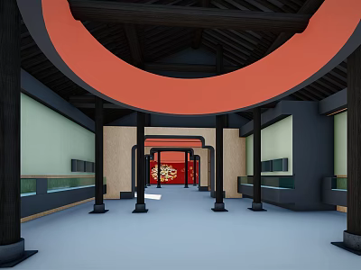 Traditional Chinese Architecture Interior With Red Circular Arch And Wooden Corridor Design 3d model