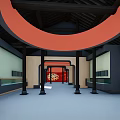 Traditional Chinese Architecture Interior With Red Circular Arch And Wooden Corridor Design
