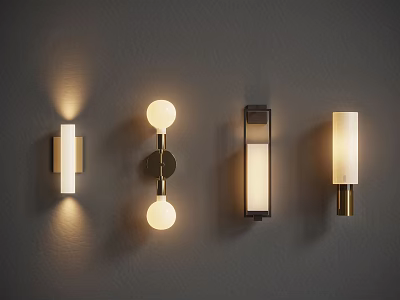 Stylish Wall Lamps With Four Different Designs Illuminated On Dark Wall Background 3d model