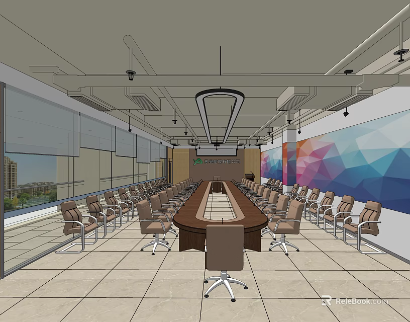 Modern Conference Room Interior With Long Table Multiple Chairs Large Windows And Geometric Wall Art 3d model 